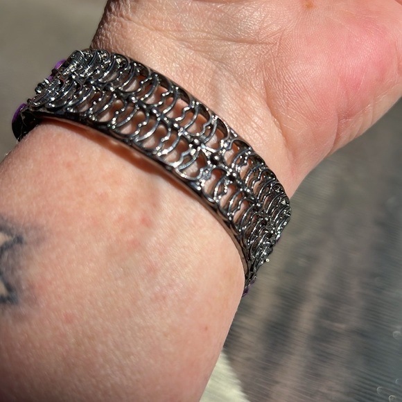 Purple Floral Statement Cuff Bracelet – Rhinestones & Enamel, Vintage Style - Picture 4 of 4